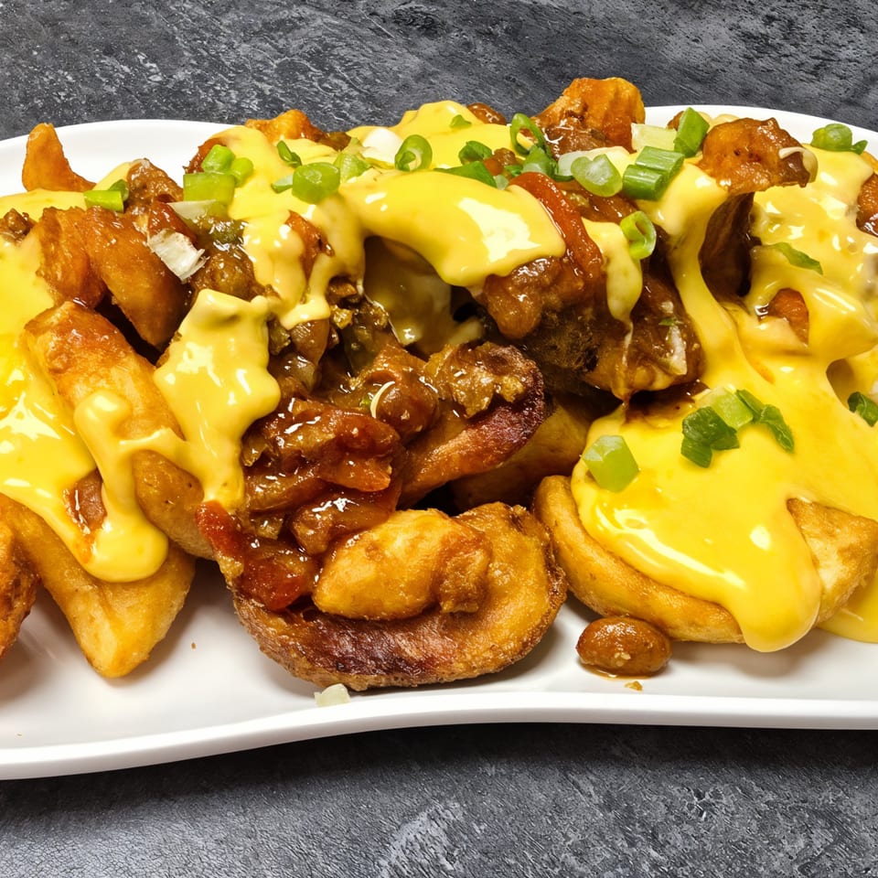Shorty's loaded fries, topped with melted cheese, chili, and chopped green onions.